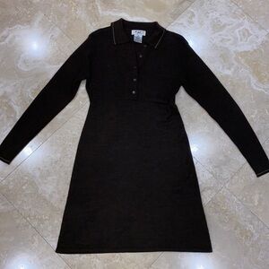 Vintage Chocolate Brown Long Sleeve Wool Knit Collared dress w/ buttons
